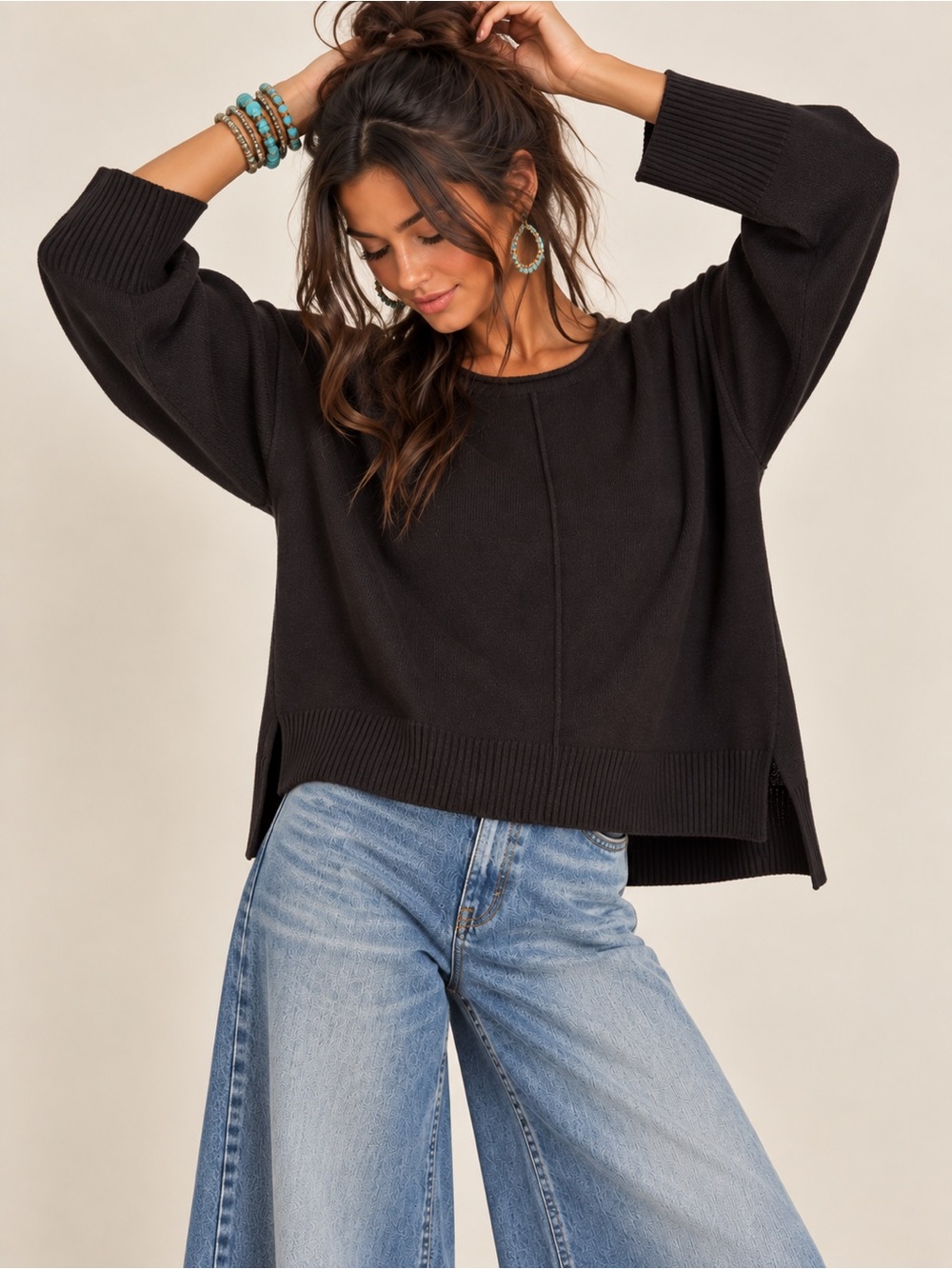 French Connection Black Scoop Neck Boxy Pullover Sweater